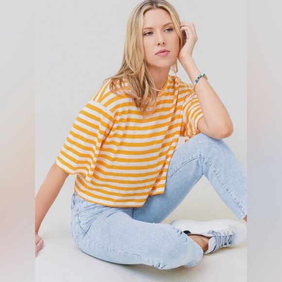 Frame Women Size Large Orange Off White Stripe Boxy Crop Organic Slub Linen Top - Picture 1 of 10